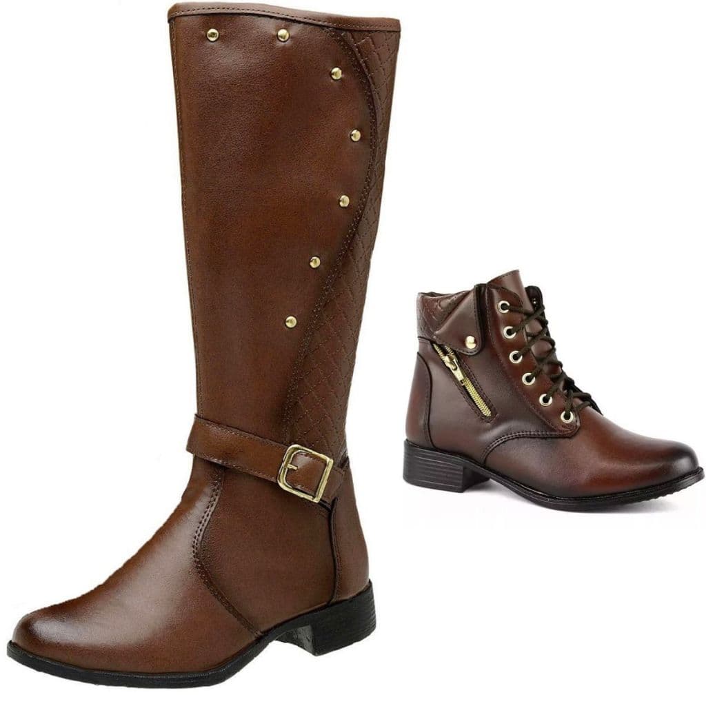 Kit 2 Pares Bota R.A Café -1 Montaria Cano Alto Longo com Detalhes + 1 Bota Coturno Cano Baixo de Amarrar