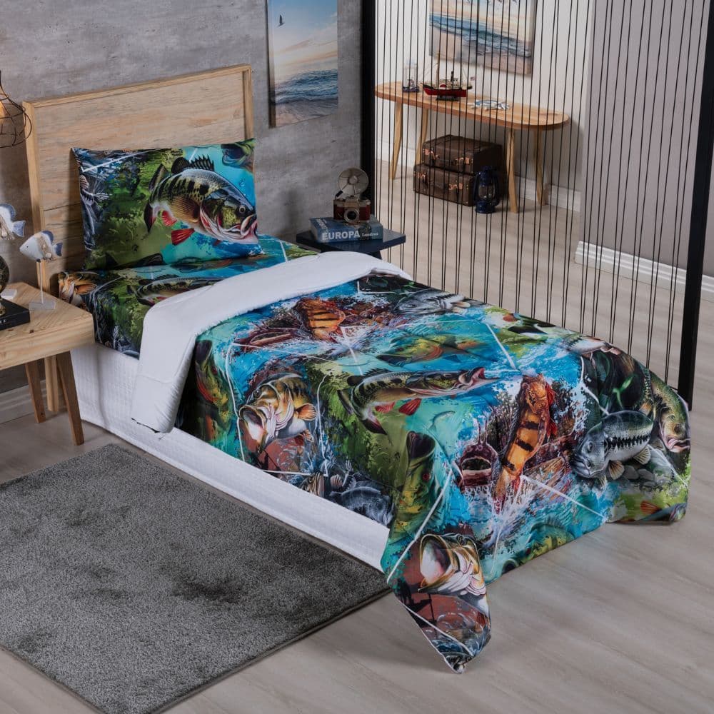 Kit Edredom Peixe Solteiro Lençol com Fronha Para Cama Dupla Face Pescaria Menino Infantil Aquário