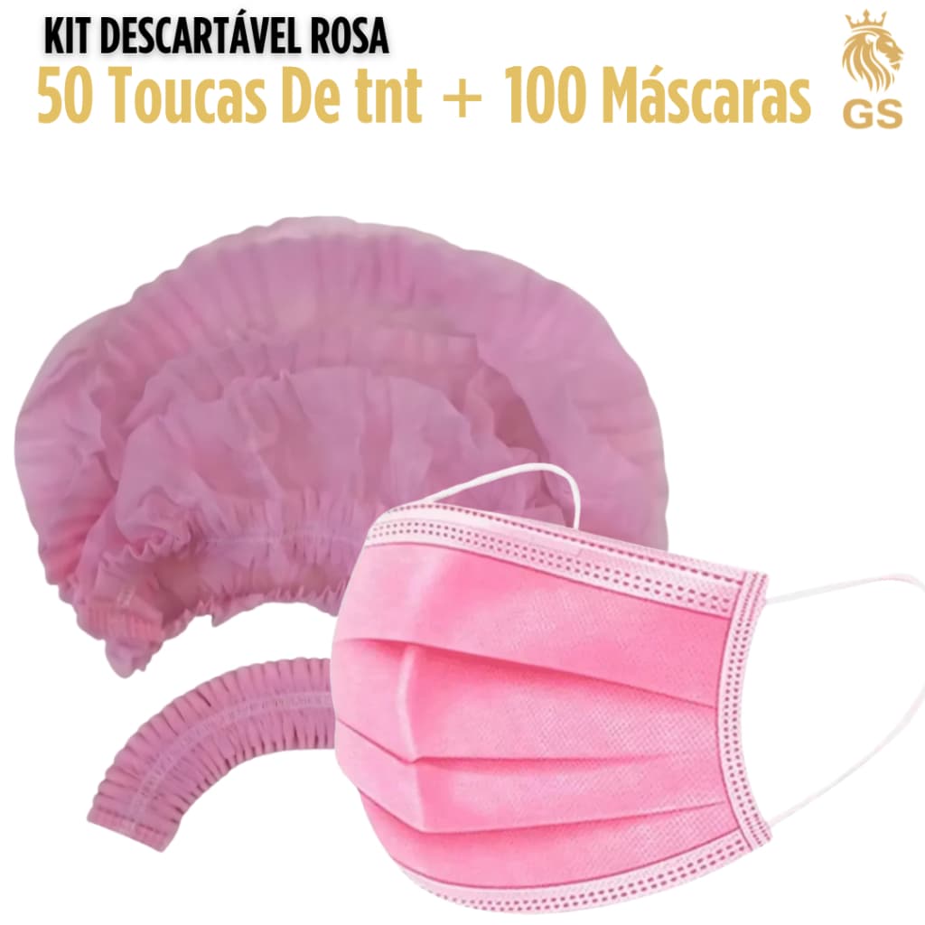 Kit Touca Rosa Descartável 50 Unid Tnt + 100 Máscaras Tnt Descartáveis Rosa
