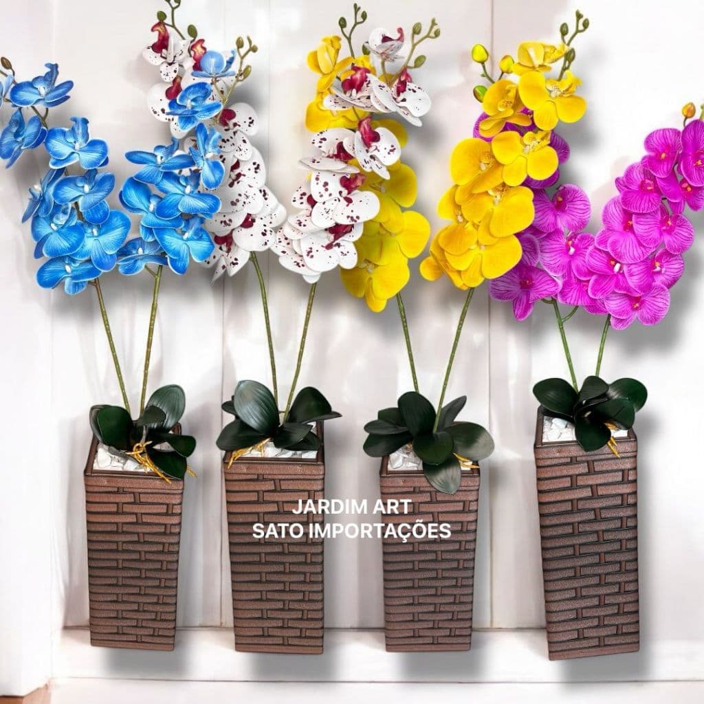 Orquídea Decorativa de Chão – Duas Flores, 2 Folhas iguais Naturais, Pedras Brancas e Vaso Estilo Coluna Premium