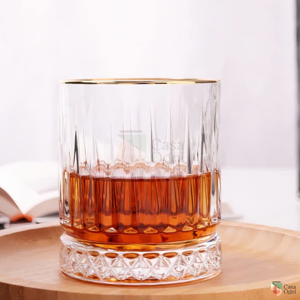 Jogo Copos Baixos Lapidado de Cristal Liso ou Fio de Ouro Whisky 330ml Drinks Suco Água Mesa Posta