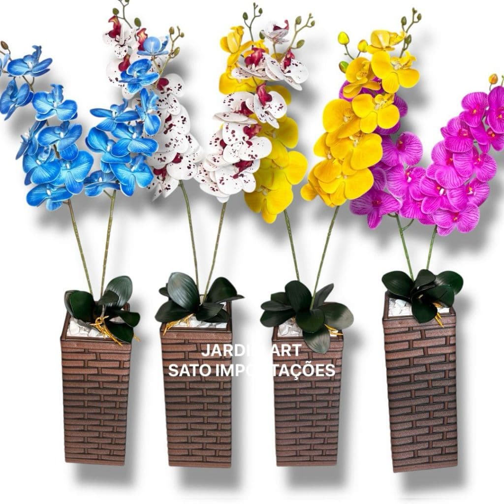 Toque de Luxo: Arranjo Decorativo com Duas Orquídeas, 2 Folhas, Pedras e Vaso de Chão Exclusivo coluna