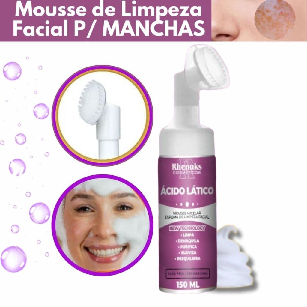 Mousse Micelar Acid. Lático Clareador  Limpeza Facial Rhenuks 150ml