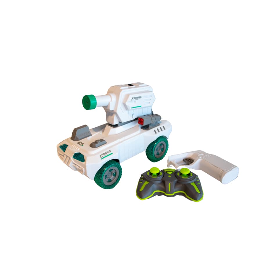 Carro Tanque Controle Remoto Atira Agua e Vira Arminha de Agua carrinho 2 em 1 com luz nas rodas para presente infantil