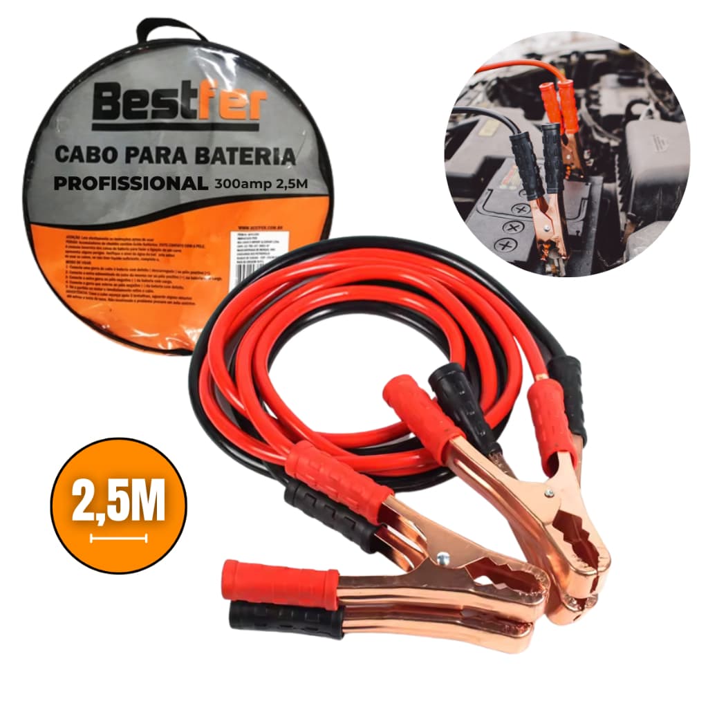 Cabo Chupeta Auxiliar de Carga Para Bateria De Carro e Moto Profissional Com 2,5M 300amp Com Bolsa