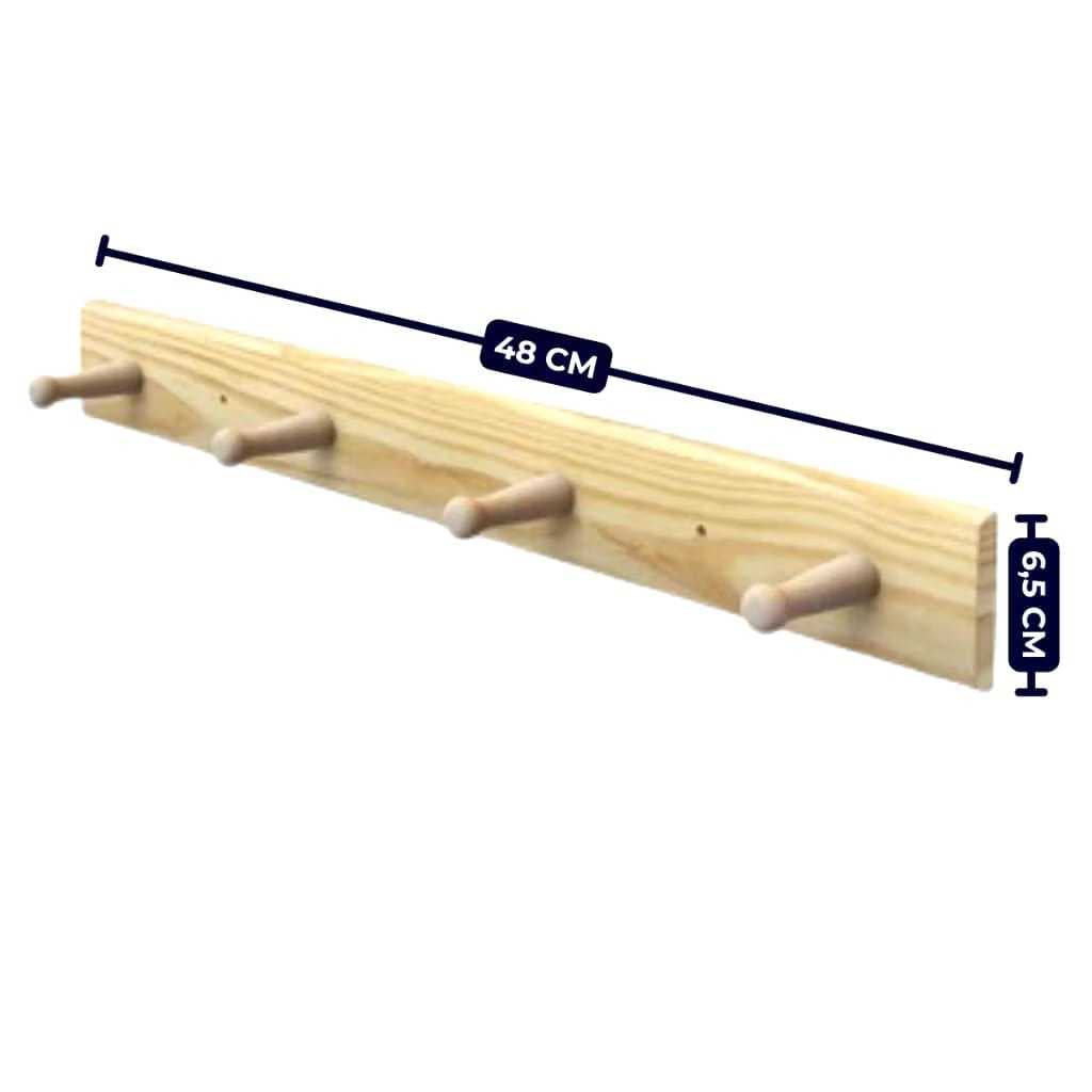 Cabide de Madeira Premium com 4 Pinos - Organizador de Roupas - 48x6,5cm