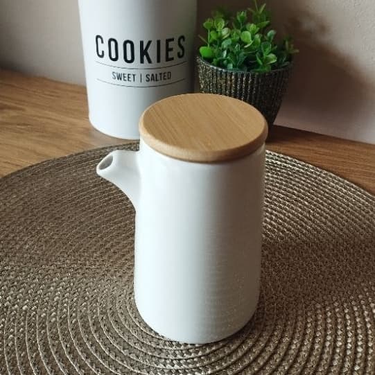 Galheteiro Cerâmica Dispenser Porta Azeite Vinagre De Porcelana Com Tampa De Bambu