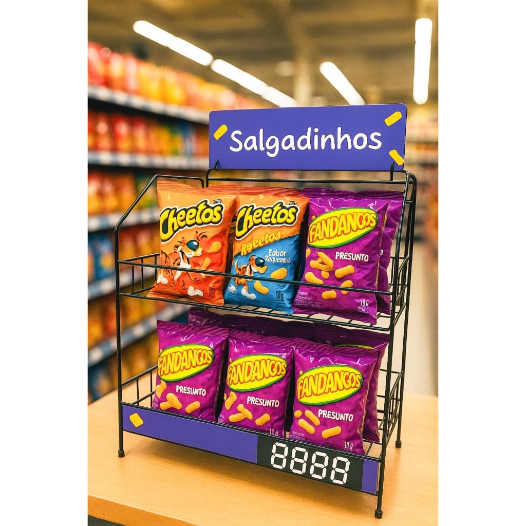 Display Cestos Ganchos Balcão Cartelas Expositor Mercearia Conveniência Lojas Salgados Doces