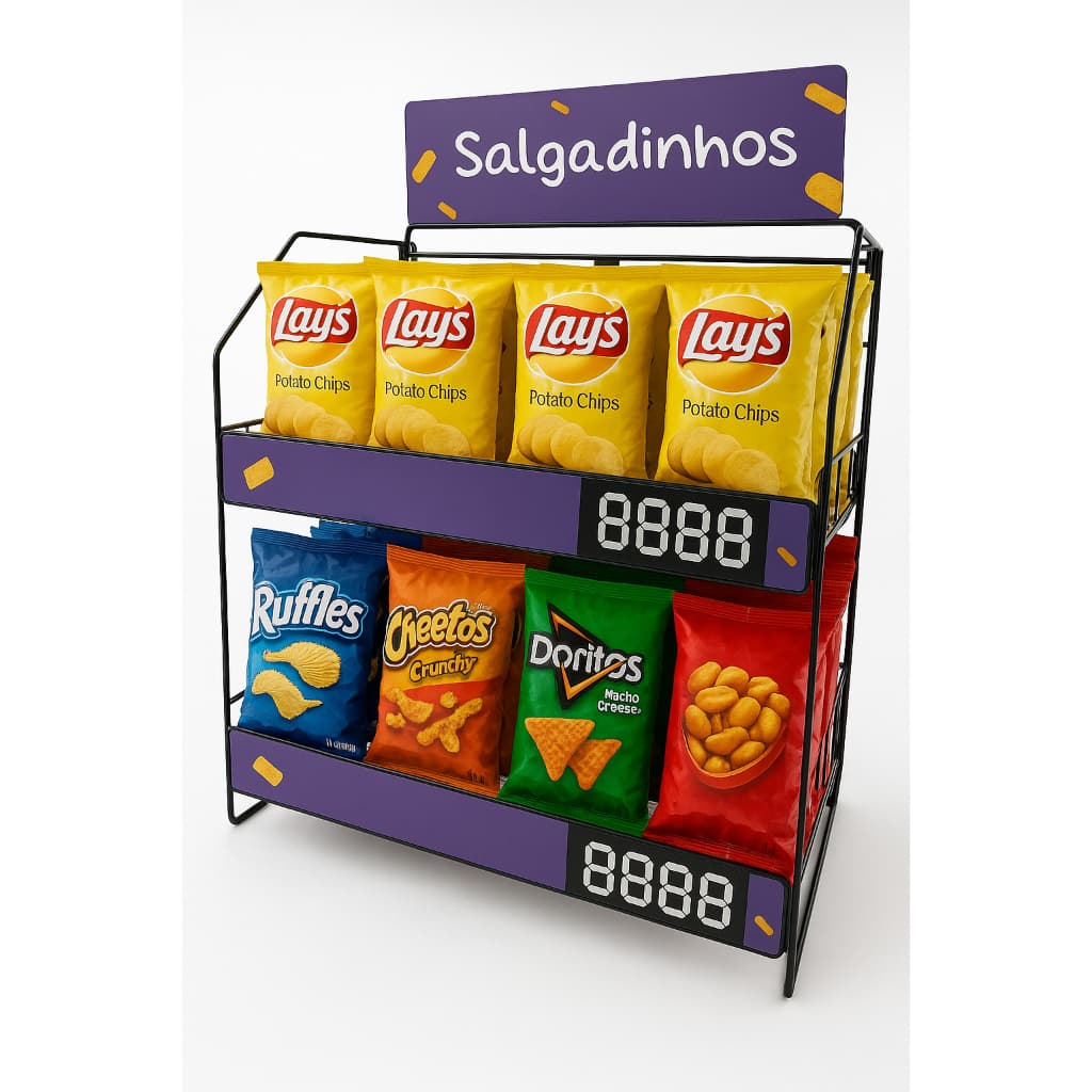 Expositor Display Cestos Ganchos Balcão Cartelas Mercearia Conveniência Lojas Salgados Doces