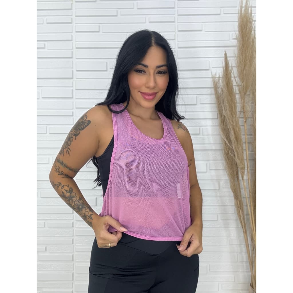 Kit com 5 Regatas Cropeed Cavada em Tule.