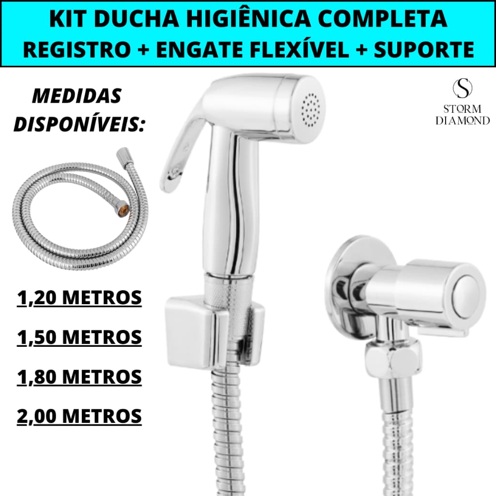 Ducha Higiênica Completa Com Registro + Gatilho Top + Engate Flexível Aço Inox + Suporte Parede