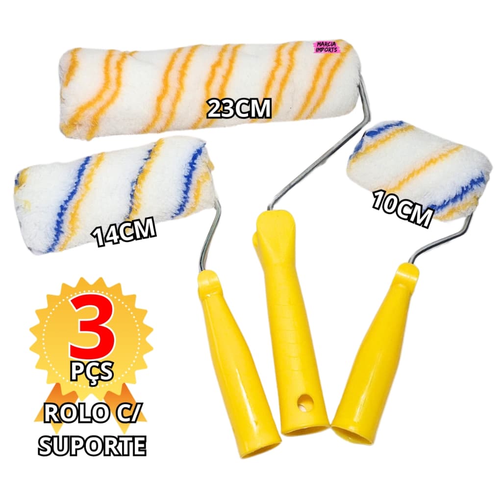 3 Rolos de Pintura 23cm 14cm e 10cm Ferramenta Ideal Para Pintura Rolo de Tinta c Suporte