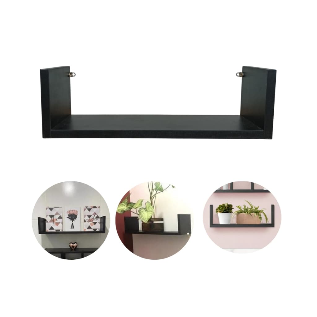 Prateleira Mdf Em U Nicho Decorativo Organizador Sala Quarto Cozinha Banheiro Preta 40 cm