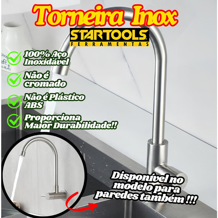 Torneira 100% Aço Inox Para Mesa 35Cm Ou Parede 30Cm Giratória Longa Para Cozinha Curva Startools