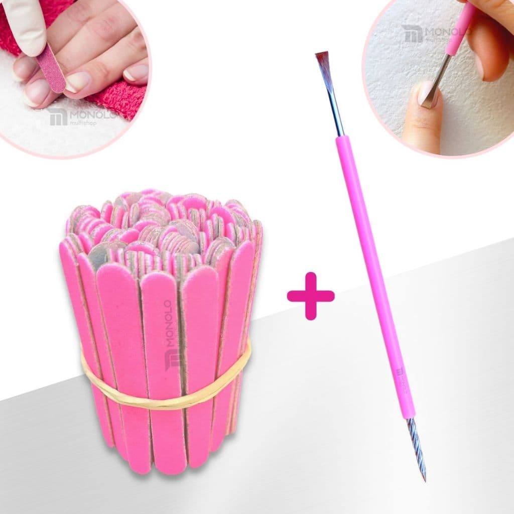 Kit 100 Mini Lixa Unha Rosa + 1 Espátula Cutícula Manicure Cutelaria Silicone Empurrador Palito