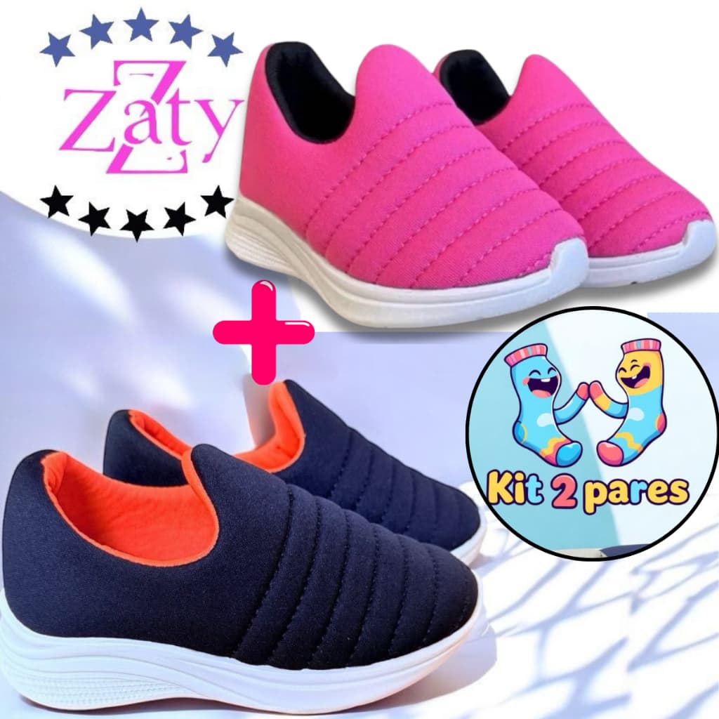 Kit 2 Tenis infantil feminino menino Calce Fácil  Meia Antiderrapante Sola Macia Escolar Confort
