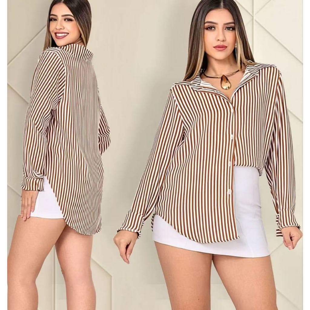 Blusa Feminina Social Listrada Moda Feminina Manga Longa Tecido Duna ceda 2025