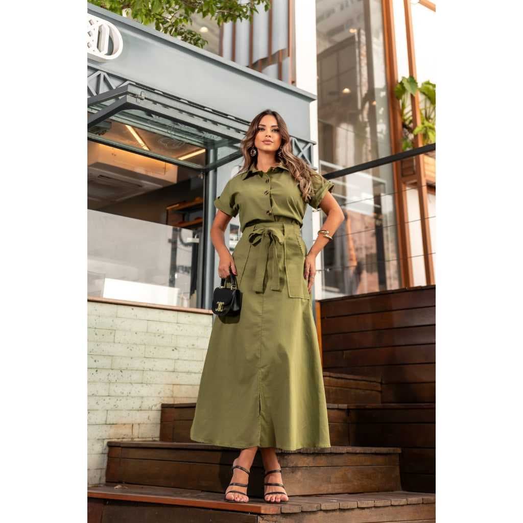 Conjunto Altaiataria Feminino Saia,Blusa Camisa com botãoes funcionais e bolsos moda modesta e luxo