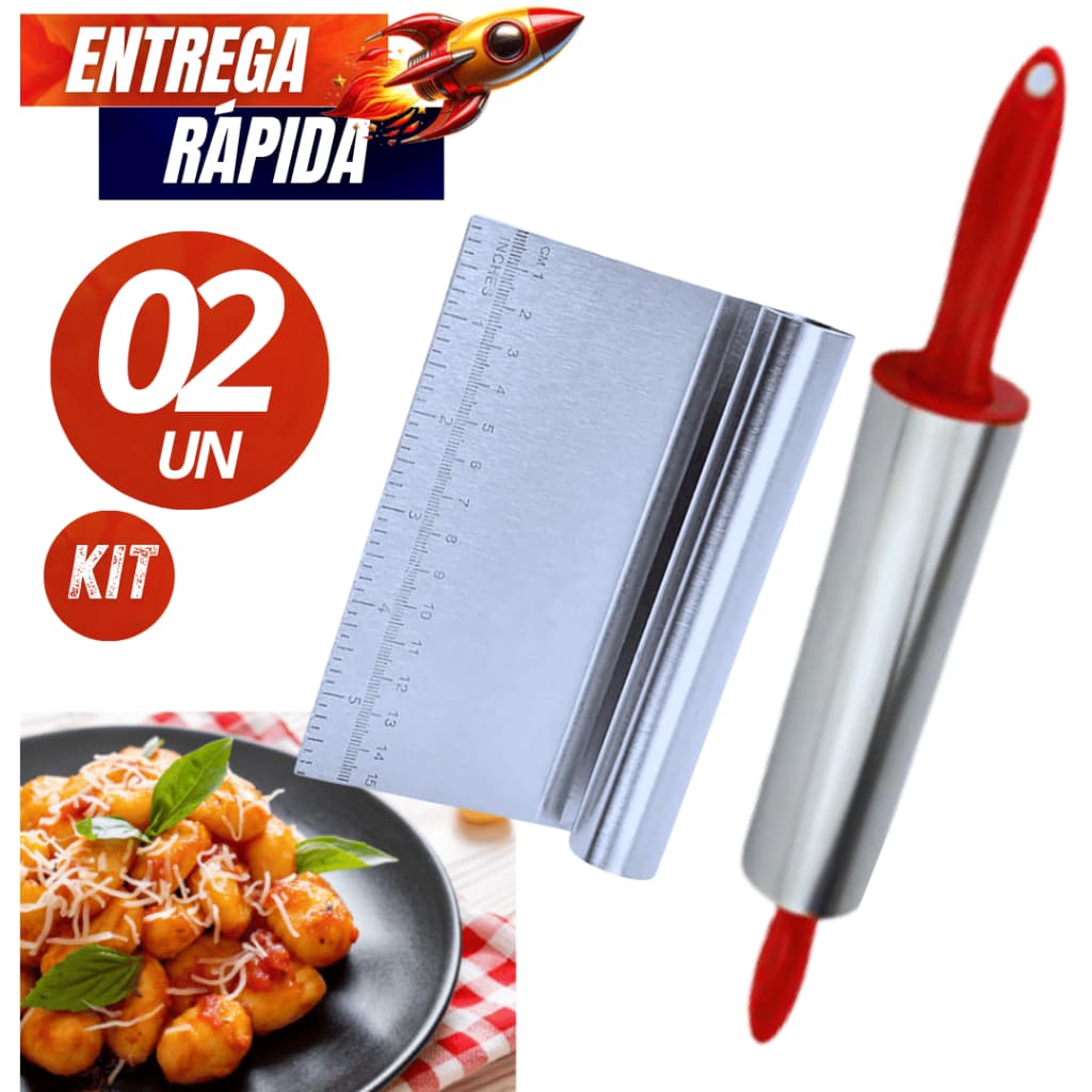 Jogo 02/01 Peças - Rolo de Massa Inox Silicone Giratório 37,5cm Espátula Cabo Tubular Cortador Raspador Linha Premium
