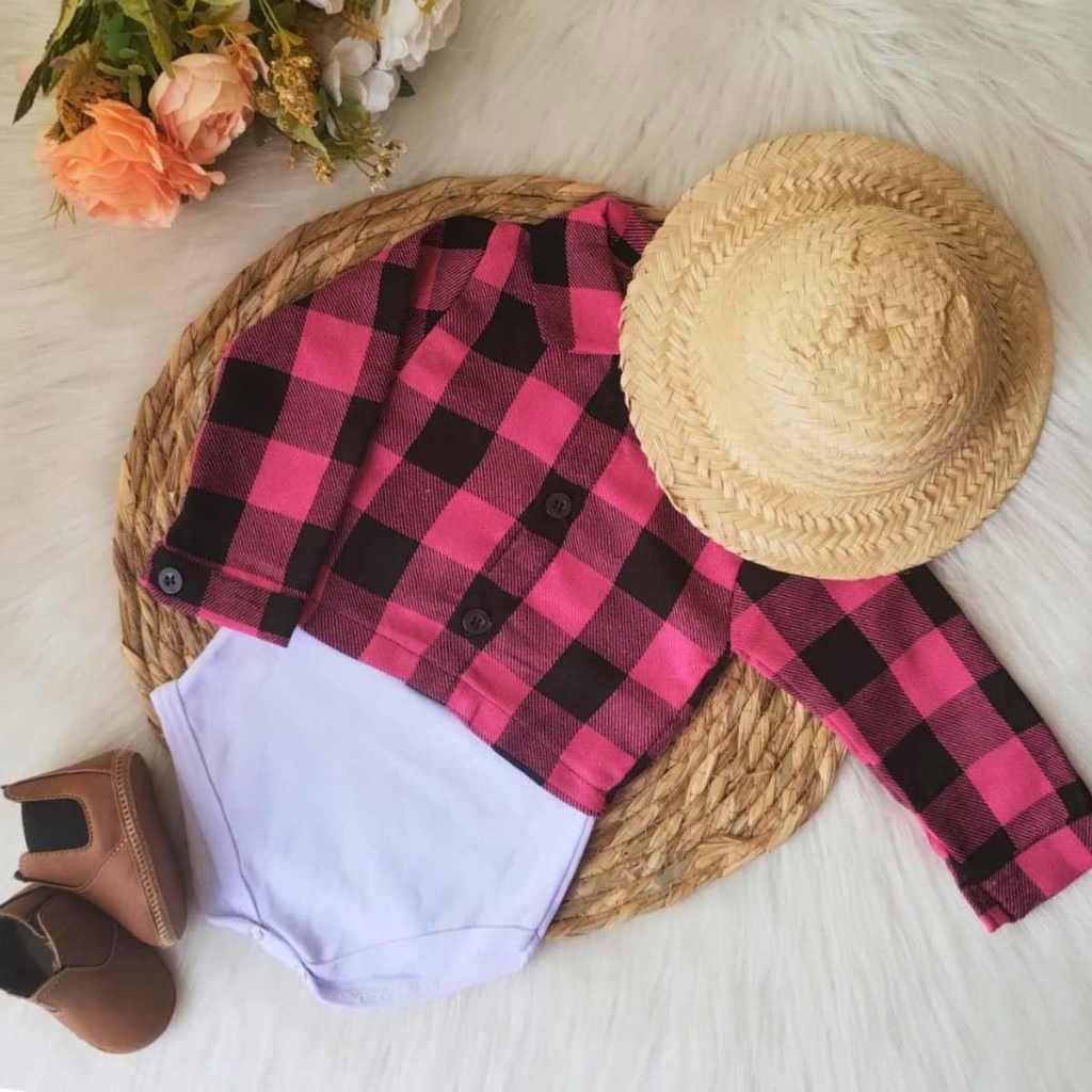 Body Bebê Menina Festa Junina Pink Xadrez Manga Longa São João