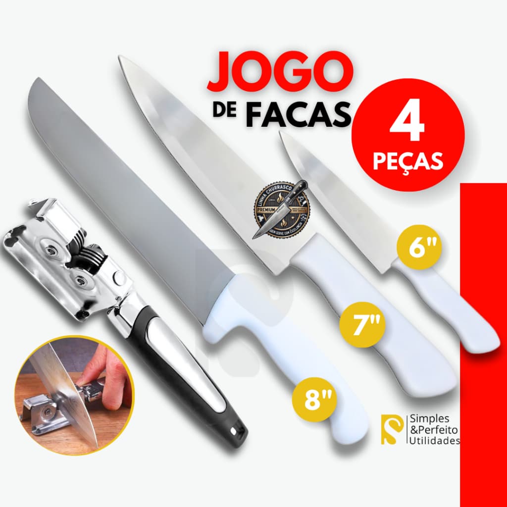 Jogo 4- Peças Faca Inox Peixeira Cabo Branco e Amolador Afiador p/ Cozinha Churrasco Açougue Chefs