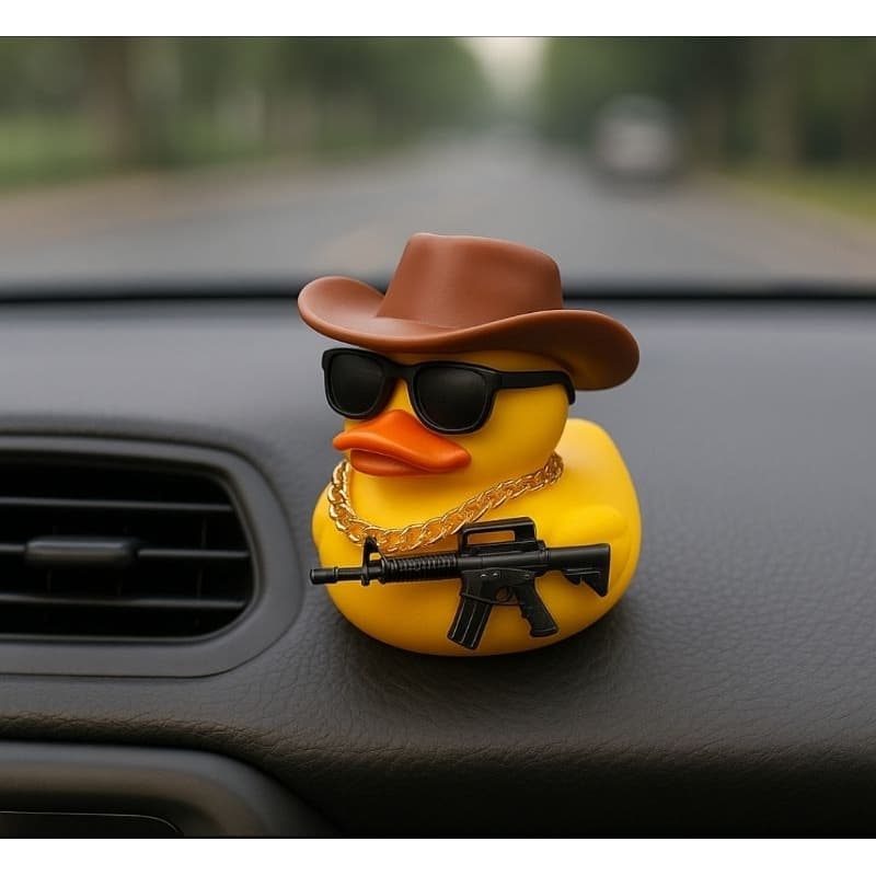 Patinho de Carro Estiloso Cowboy com Óculos, Corrente e Réplica de Arma – Enfeite Criativo para Painel