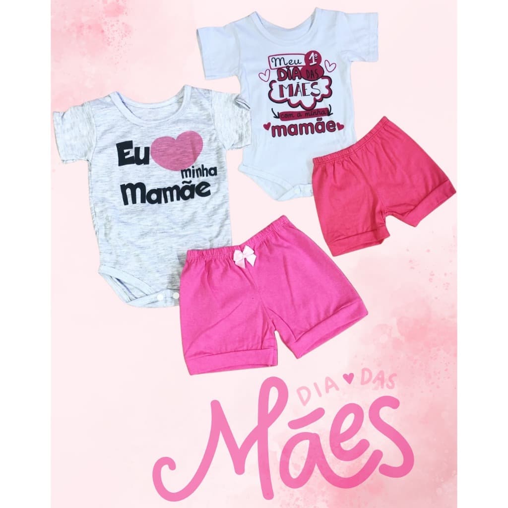 Body Bebê Menina Meu 1º Dia das mães Eu amo minha mamãe conjunto body com short dia das mães romper bebê menina