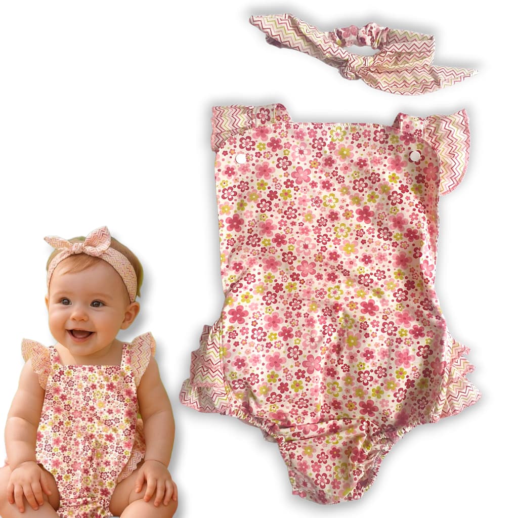 Romper Bebê Menina Body Bunda Rica Floral e Faixa de cabelo Jardineira Mêsversario Jardim Encantado