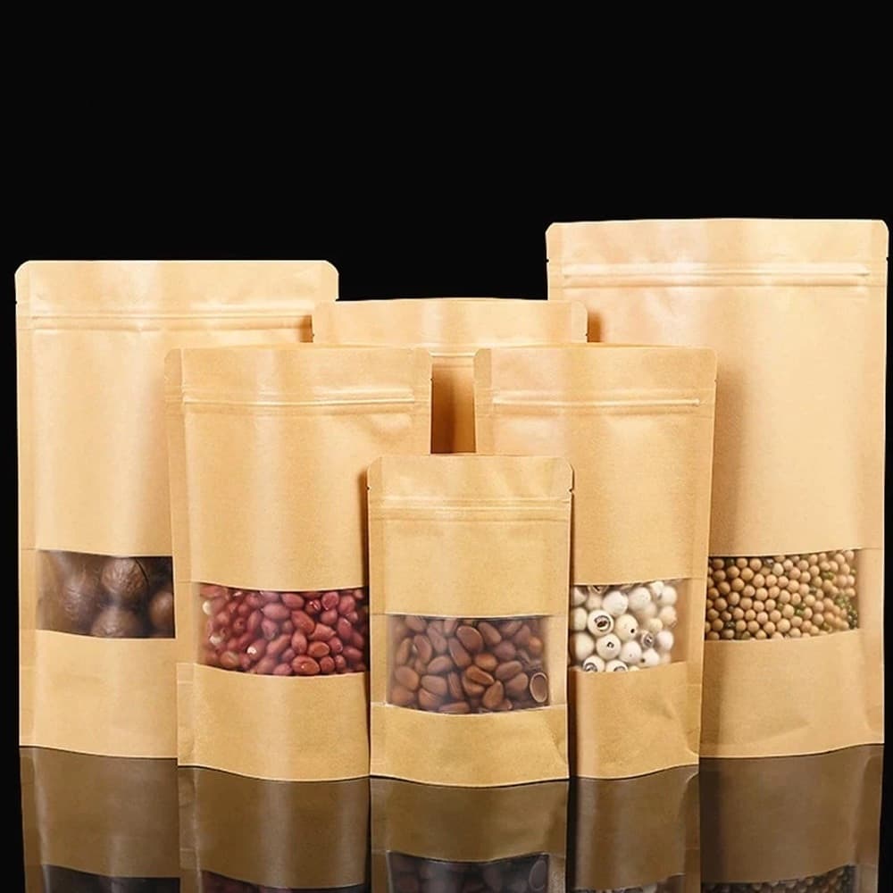 50 Unidades Saco Para Biscoito, Embalagem Para Doces, Saco Stand Up Pouch Kraft Com Visor Zip Lock, Saquinho Zip Lock