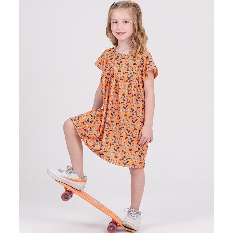 Vestido Infantil Poliplex Evasê Margaridas Laranja