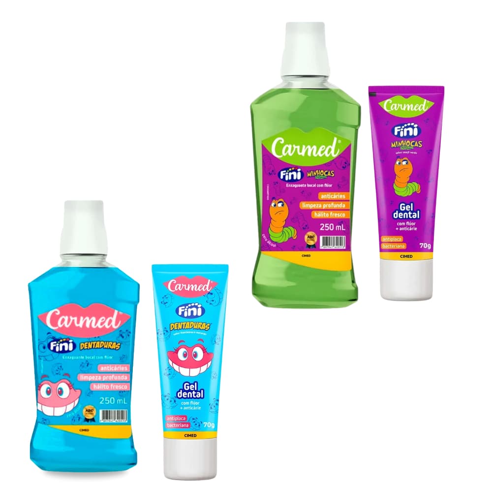 Kit Enxaguante + Pasta Fini Carmed Minhoca Dentadura Gel Limpeza Higiene Bucal Anticáries Antiplaca Hálito Fresco