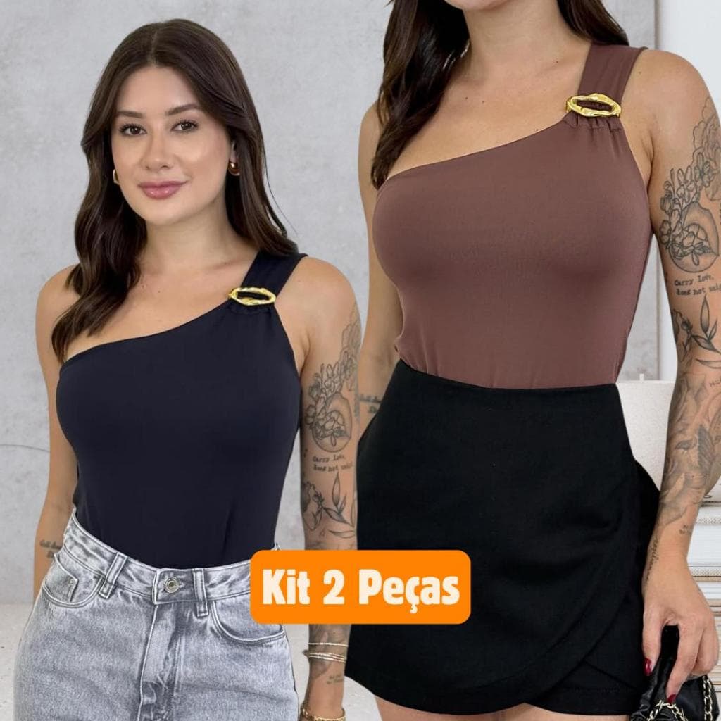 Kit 2 Blusas Feminina Nula Manga Argola Assimetrica Dourada Suplex Elegante Mula Manca