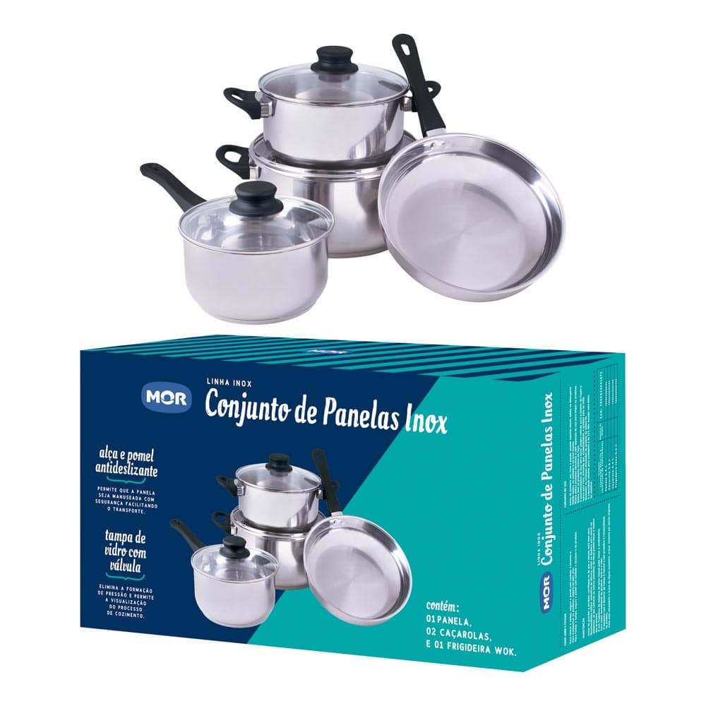 Conjunto com 4 panelas em Inox com fundo de 5 camadas e tampa de vidro MOR
