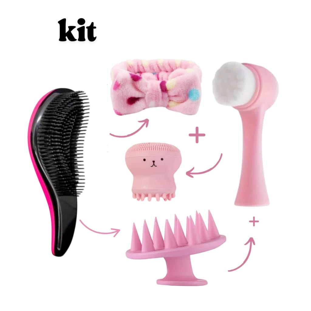 Escova Mágica para Cabelos e Massageadora,  Escova Facial Esponja Polvo e Faixa de Make, Kit