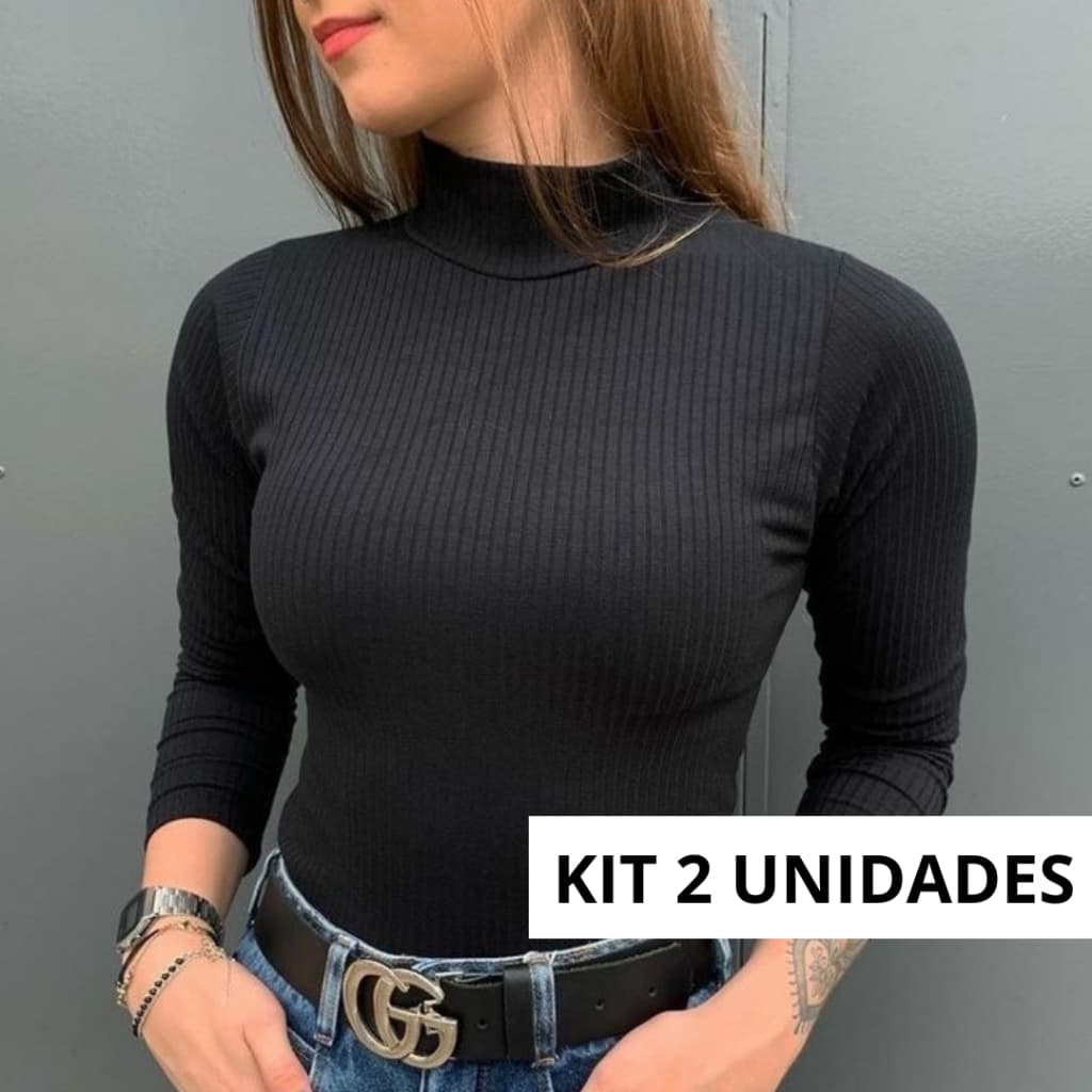 Kit Cacharreal Segunda Pele Blusa de Frio Gola Alta Manga Longa Canelada Feminino