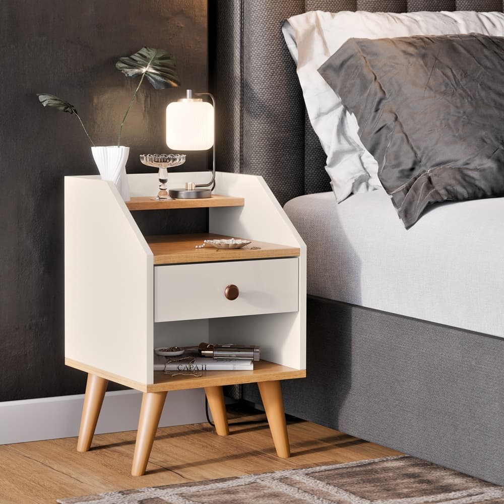 Mesa De Cabeceira 1 Gaveta Nicho Prateleiras Mini Cômoda Criado Dakota
