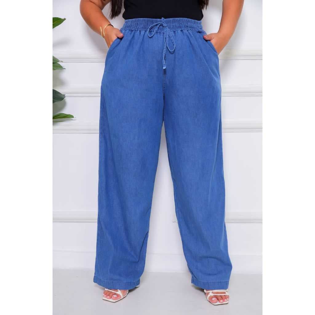 Calça Jeans Plus Feminina Pantalona Leve Com Elástico
