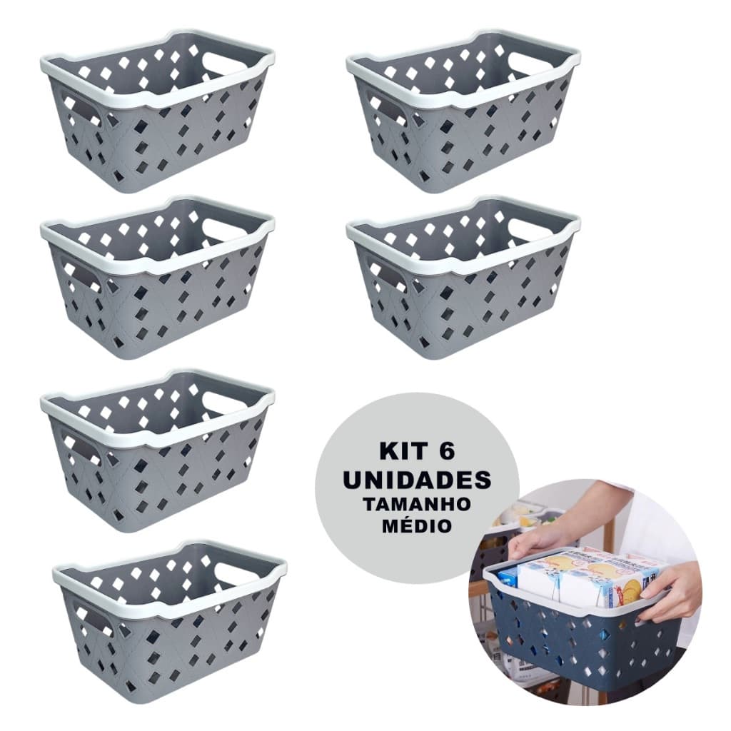 Kit 6 Cesto Organizador Multiuso Médio 21,5x15,5x11cm Branco Preto Cinza