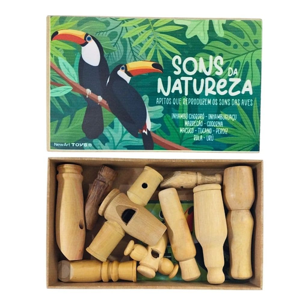 Kit 9 Apitos Sons da Natureza Som de Pássaros Caixa e Tampa Brinquedo Educativo de Madeira - Newart