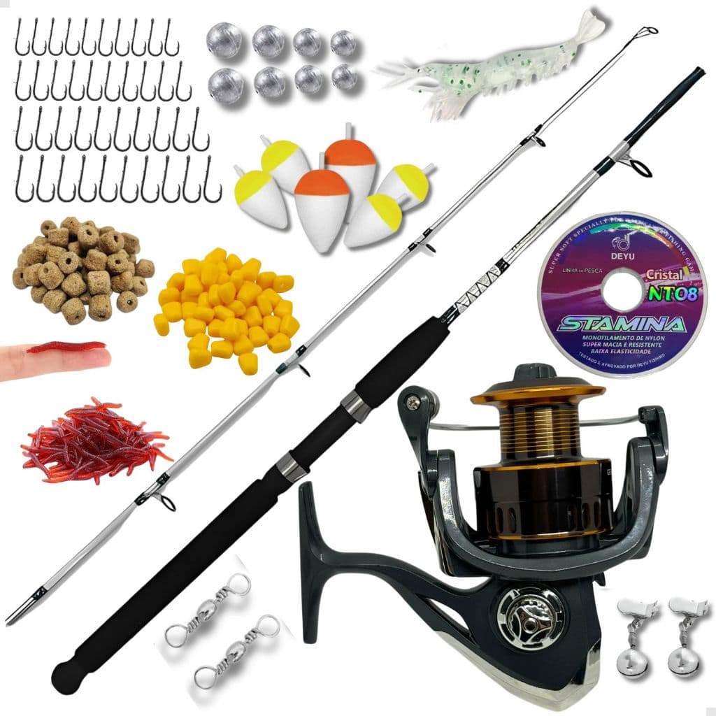 Kit de Pesca Vara 1,65m Fibra Vidro Maciça e Molinete Grande 5000 Drag 12kgs de Alumínio