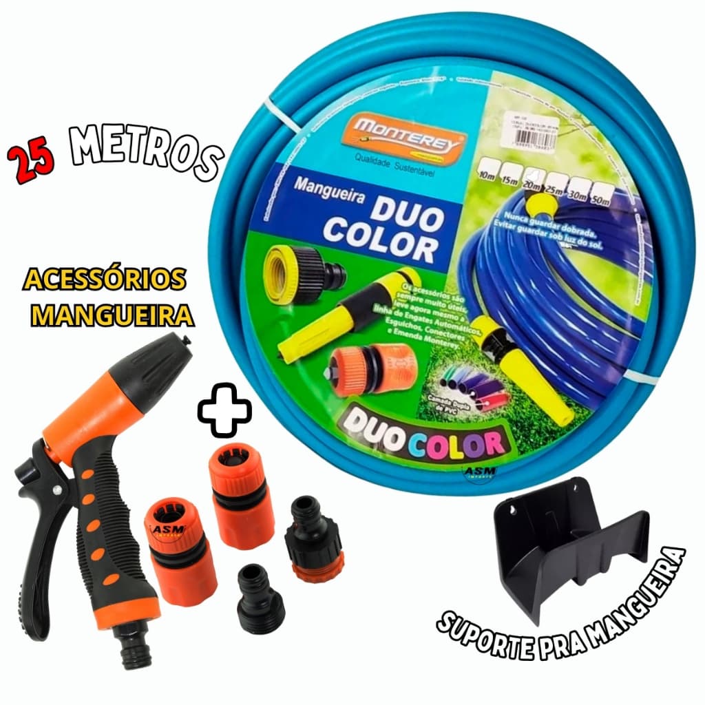Mangueira Jardim Duocolor 10, 15, 20 e 25metros com Bico / Suporte de Mangueira e Conectores Esguicho Irrigação Completa