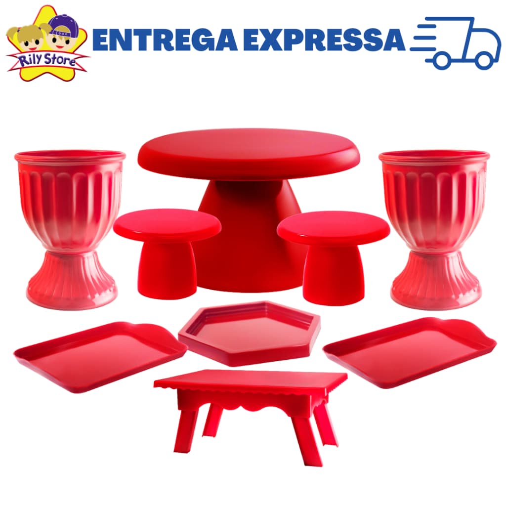 Kit Festa Completa Boleira Cogumelo 17cm + 2 Vasos Romano + 2 Mini Slim + Sextavadinha + Mesinha + 2 Bandejinhas 20x13