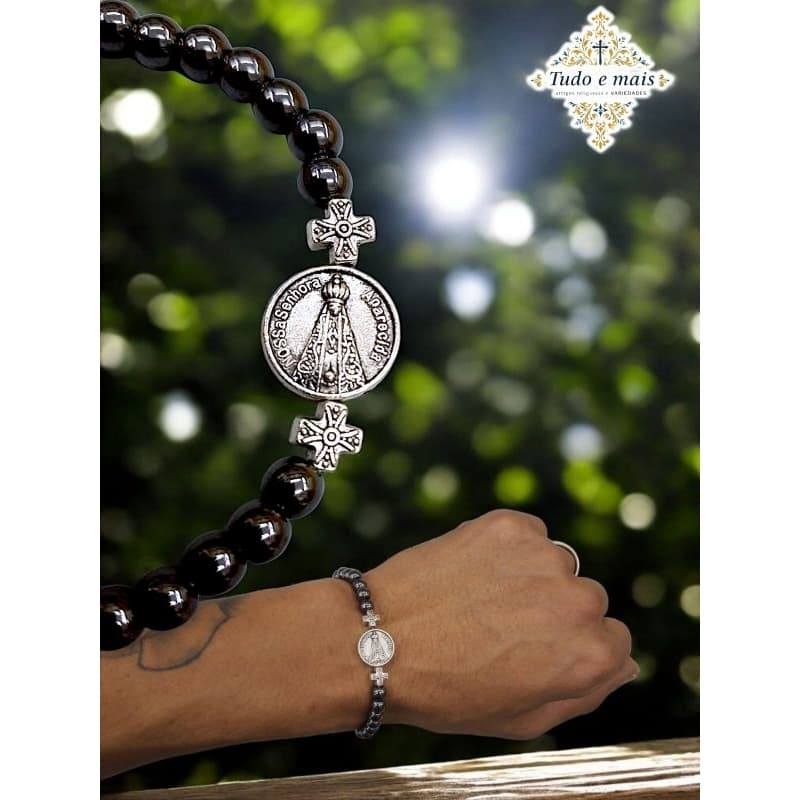 Pulseira Hematita Medalha Nossa Senhora Aparecida