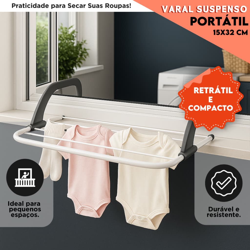 Varal Retrátil Portátil 15x32cm Gancho de Janela, Para Espaços Pequenos, Dobrável e Resistente | BN