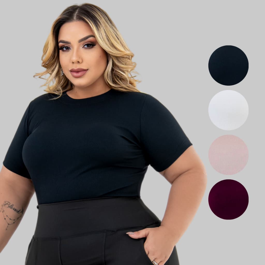 Kit Blusa Feminina Plus Size Canelada Gola Redonda Manga Curta Básica Confortável Individual