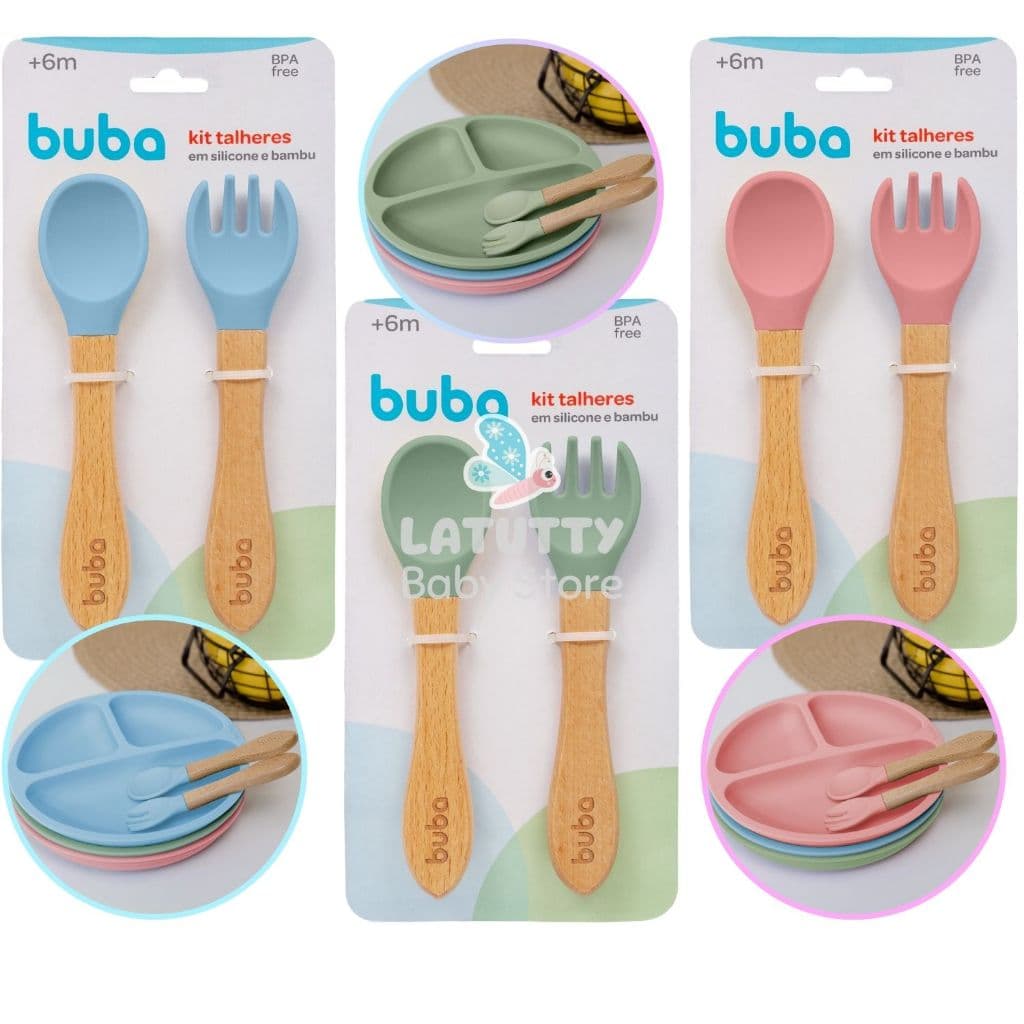 Kit Talheres Silicone Buba Cabo Bambu Ponta Silicone Macio Garfo Colher Bebe Buba Talher Infantil
