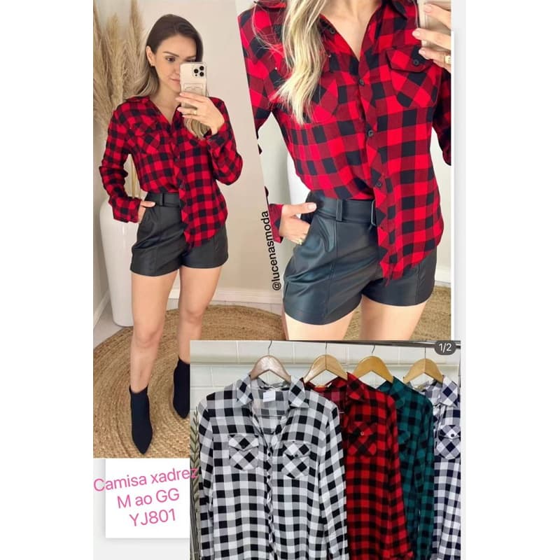 CAMISA XADREZ FEMININA EM VISCOSE BLUSA COM BOLSOS yj8025