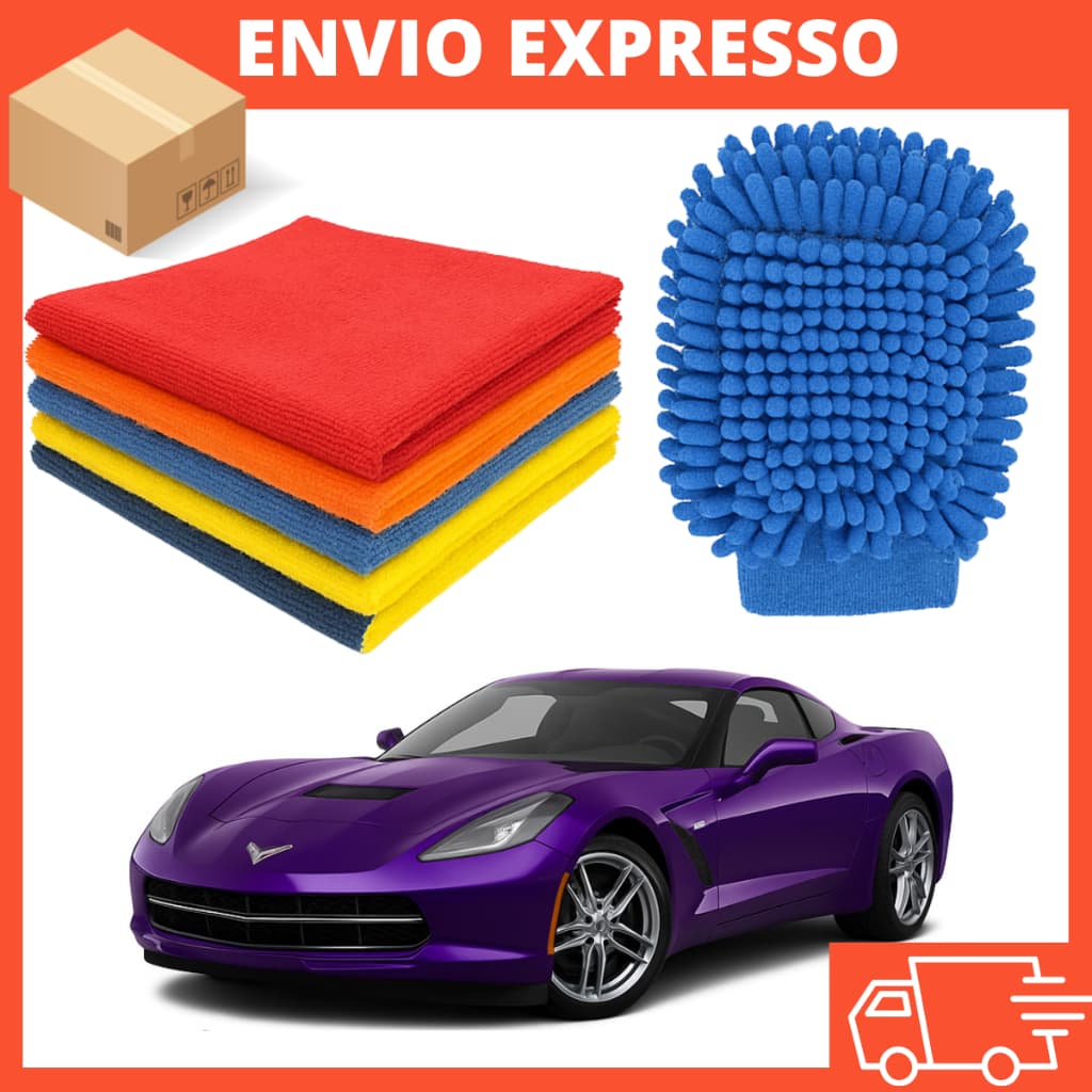 Kit de Lavar Carro Moto Limpeza automotiva Luva +5 Pano Microfibra Super Absorvente Multiuso