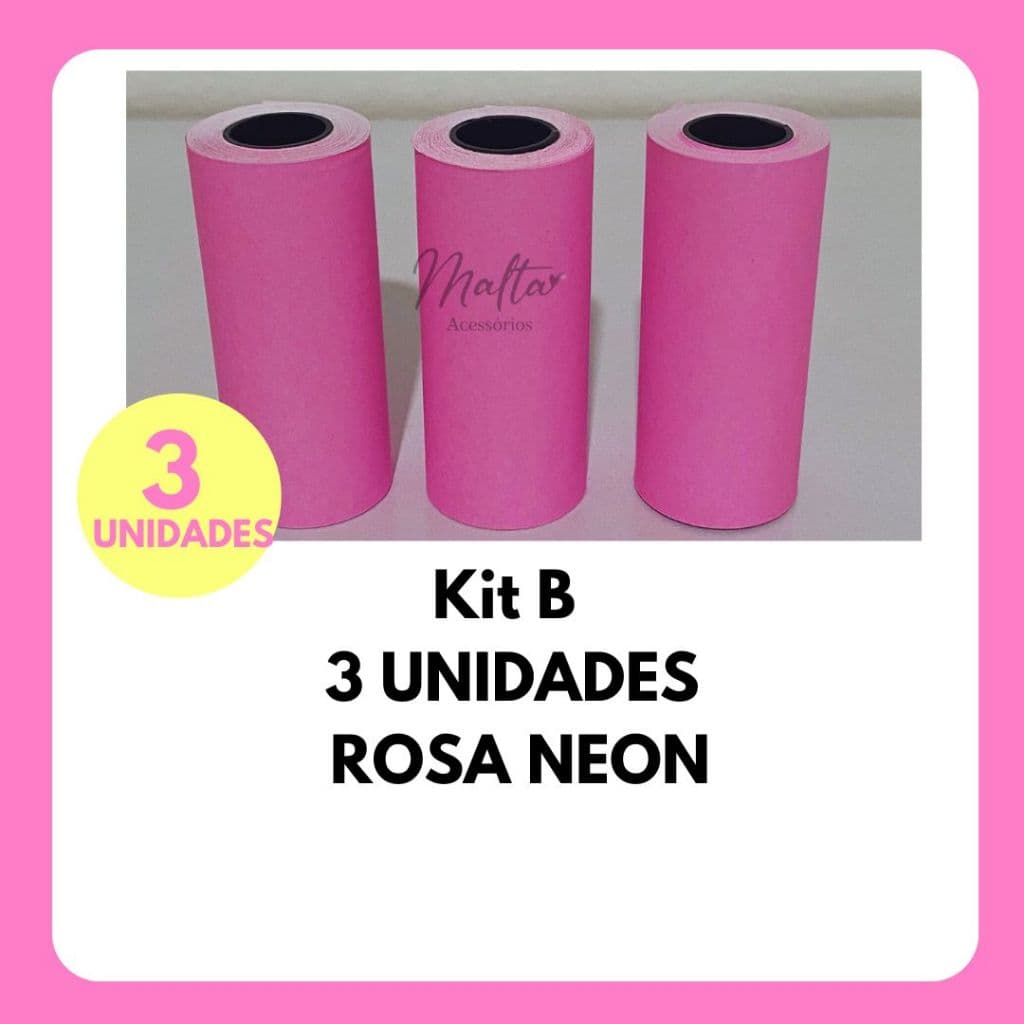 3 rolos bobina térmica para mini impressora gatinho 57mmx04metros rosa neon
