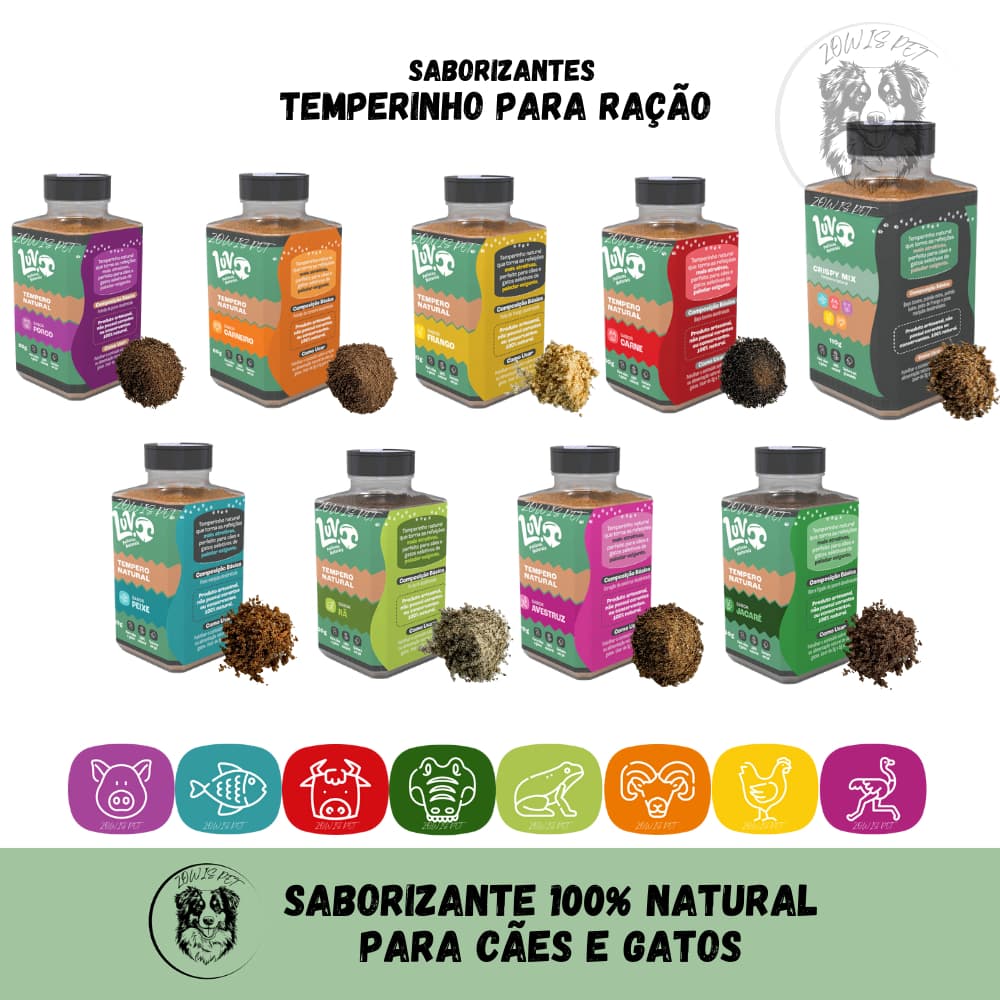 Saborizante para Ração Cães e Gatos Porco Carne Peixe Carneiro Frango Avestruz Rã Jacaré Tempero Natural - LuvPeticos